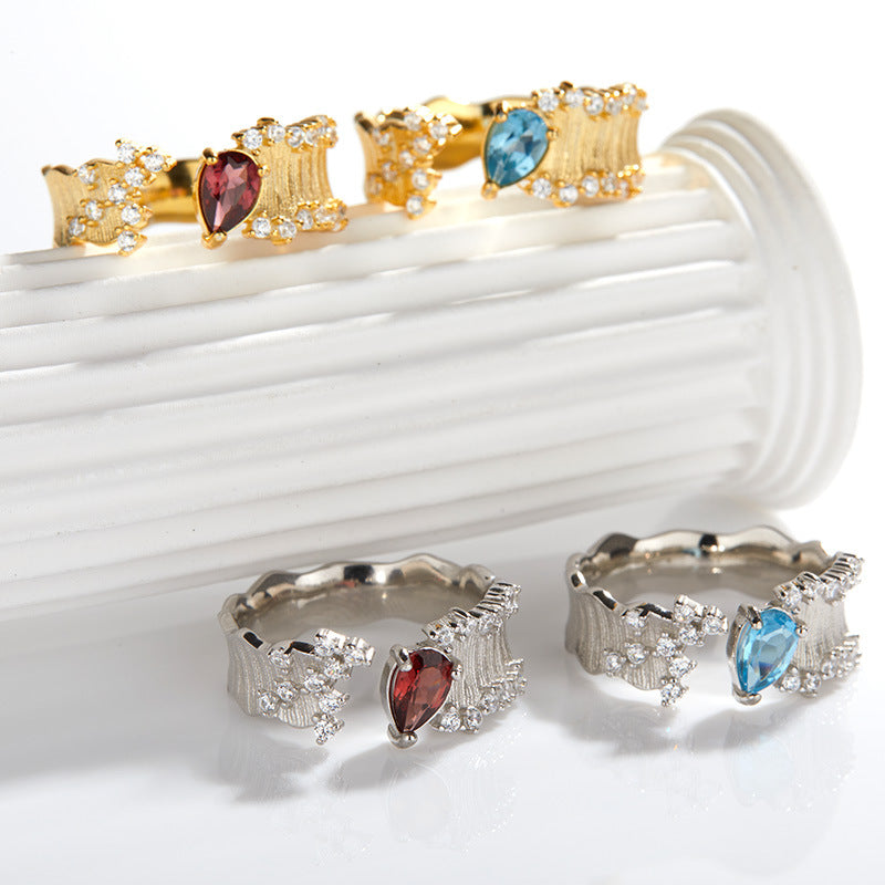 Gemstone Open Ring | Gold & Silver | Red Garnet & Blue Topaz