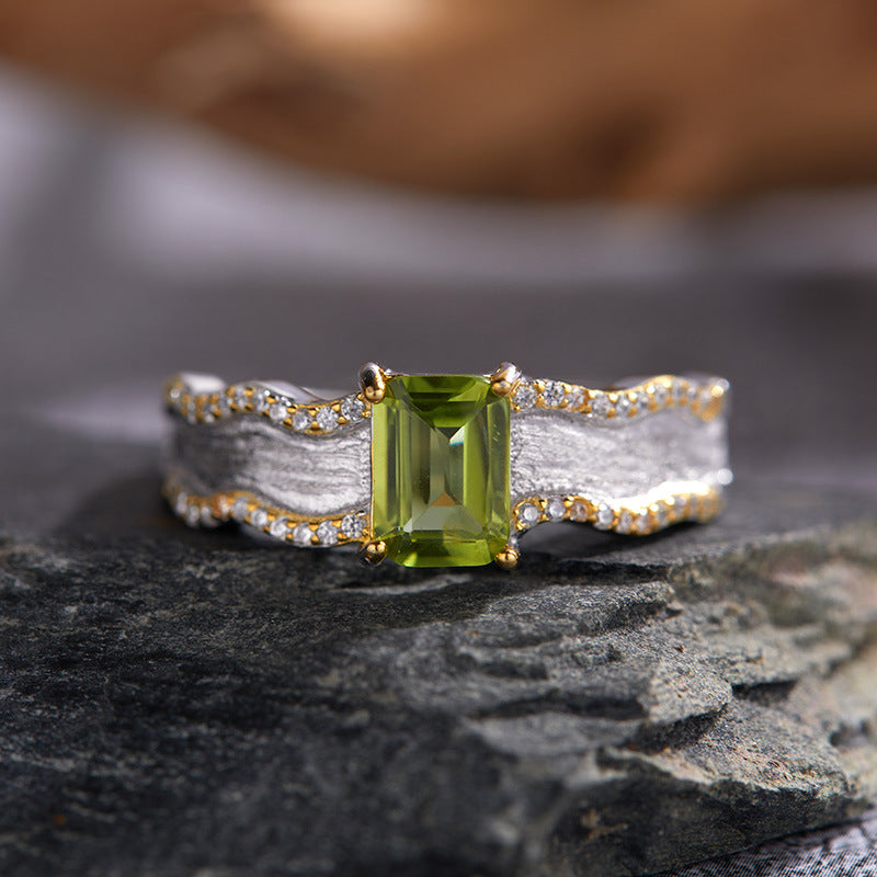 925 Sterling Silver Adjustable Wave Ring with Peridot or Citrine