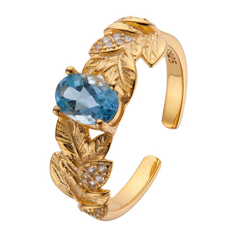 Gold Leaf & Crystal Ring with Red Garnet or Blue Topaz