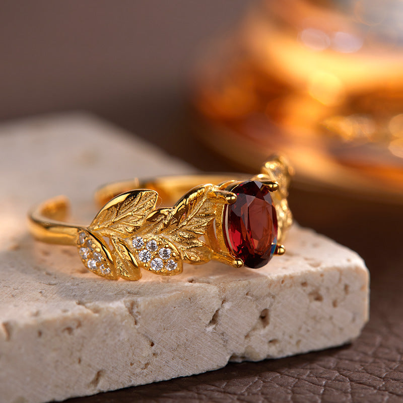 Gold Leaf & Crystal Ring with Red Garnet or Blue Topaz