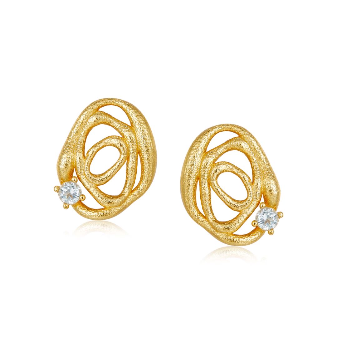 Gold Textured Swirl Stud Earrings with Natural Blue Topaz