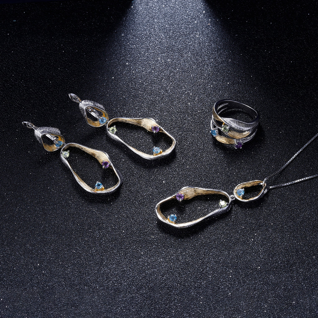 Multi-Coloured Gemstones Ribbon Drop Earrings
