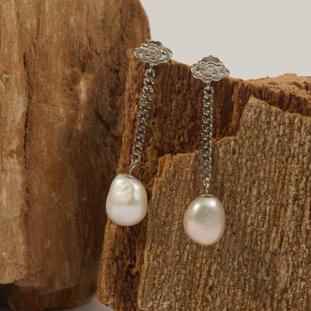 Pearl Drop Earrings with Star or Lucky Cloud Silver Stud