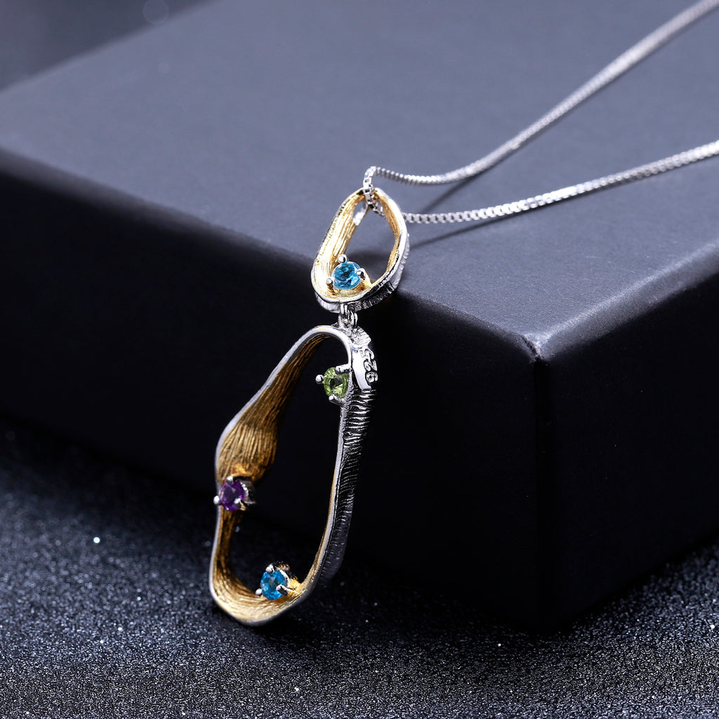 Multi-Coloured Gemstones Ribbon Pendant Necklace