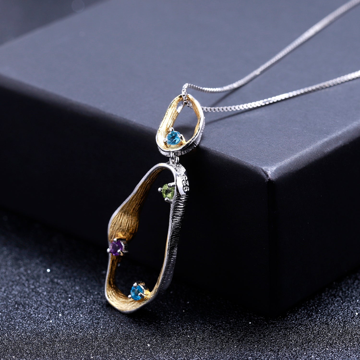 Multi-Coloured Gemstones Ribbon Pendant Necklace