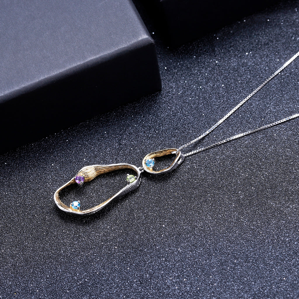 Multi-Coloured Gemstones Ribbon Pendant Necklace