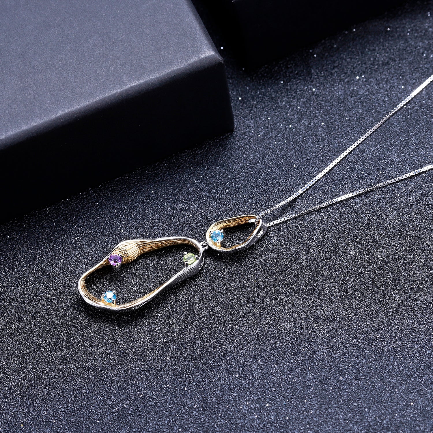 Multi-Coloured Gemstones Ribbon Pendant Necklace