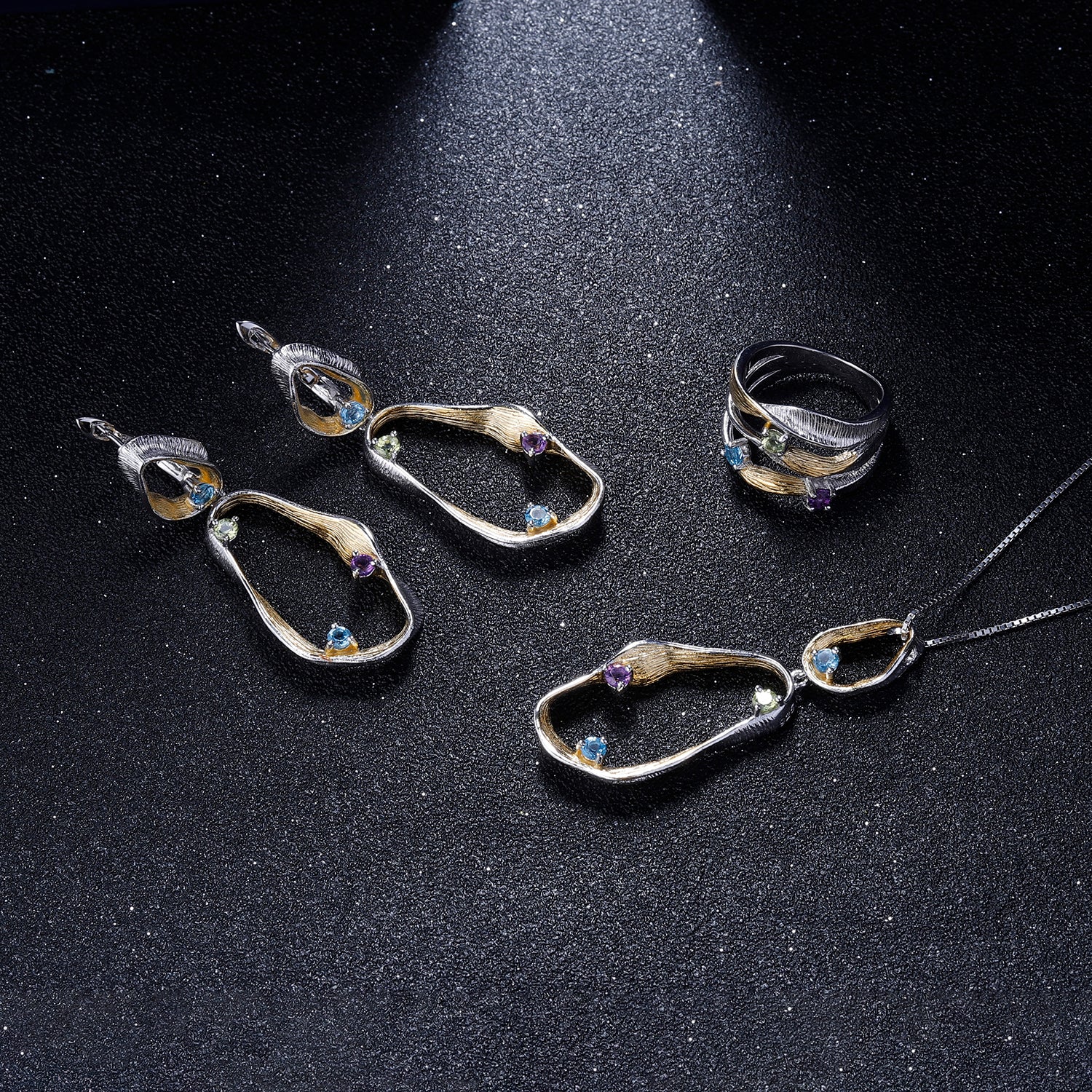 Multi-Coloured Gemstones Ribbon Pendant Necklace