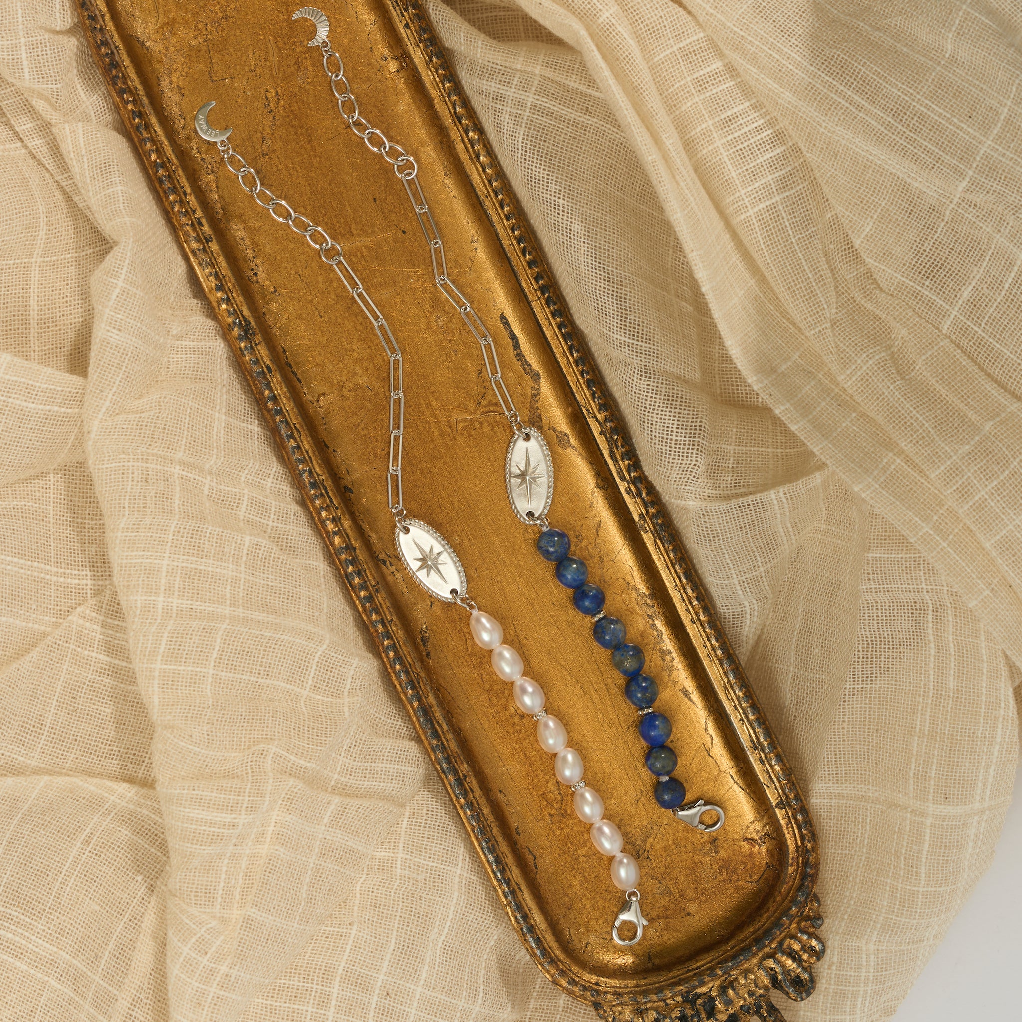 Pearl Beaded and Sterling Silver Bracelet with Star Motif