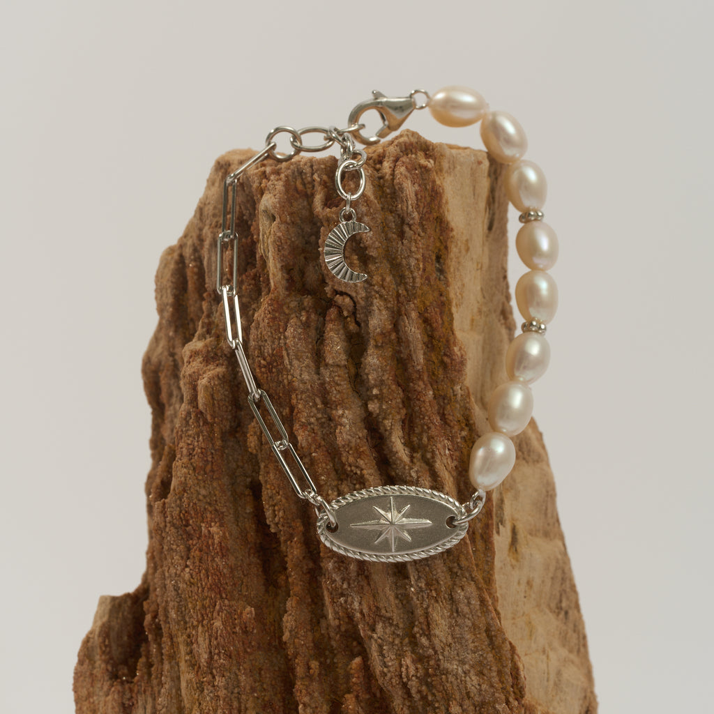 Pearl Beaded and Sterling Silver Bracelet with Star Motif