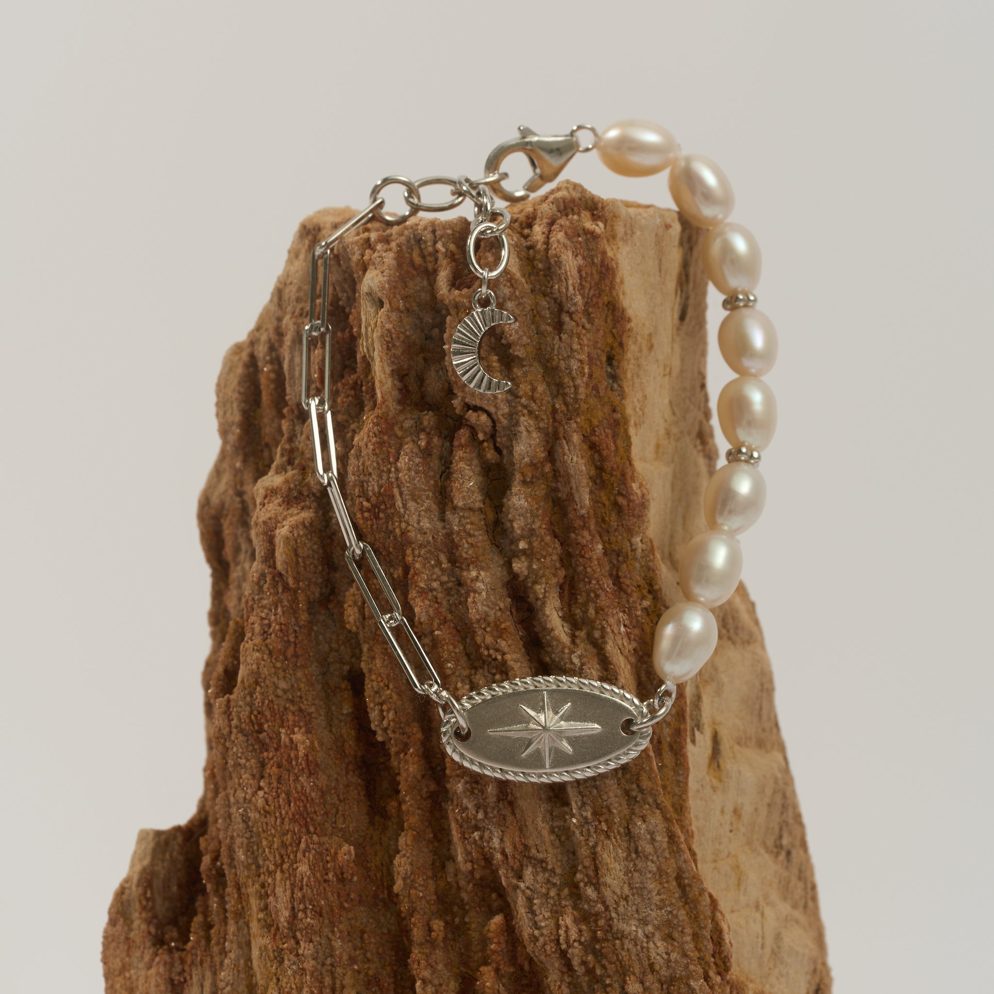 Pearl Beaded and Sterling Silver Bracelet with Star Motif